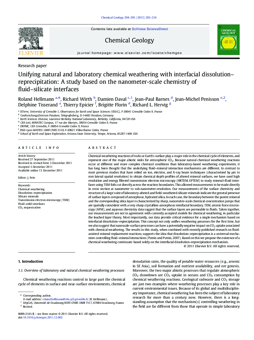 Unifying natural and laboratory chemical weathering with interfacial dissolution–reprecipitation: A study based on the nanometer-scale chemistry of fluid–silicate interfaces