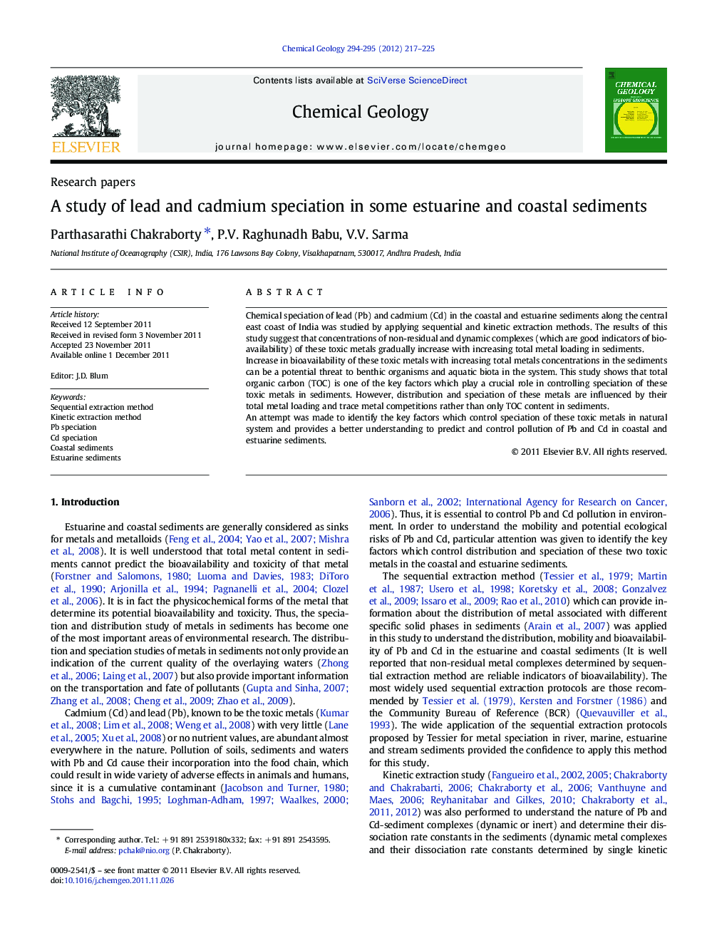A study of lead and cadmium speciation in some estuarine and coastal sediments