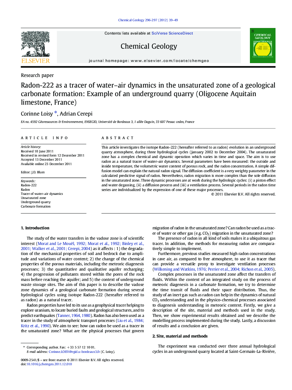 Radon-222 as a tracer of water–air dynamics in the unsaturated zone of a geological carbonate formation: Example of an underground quarry (Oligocene Aquitain limestone, France)