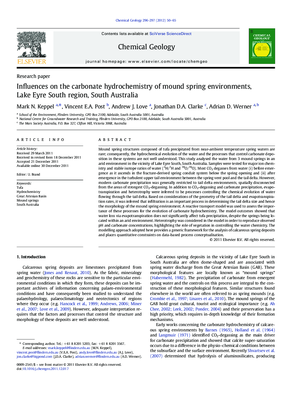 Influences on the carbonate hydrochemistry of mound spring environments, Lake Eyre South region, South Australia