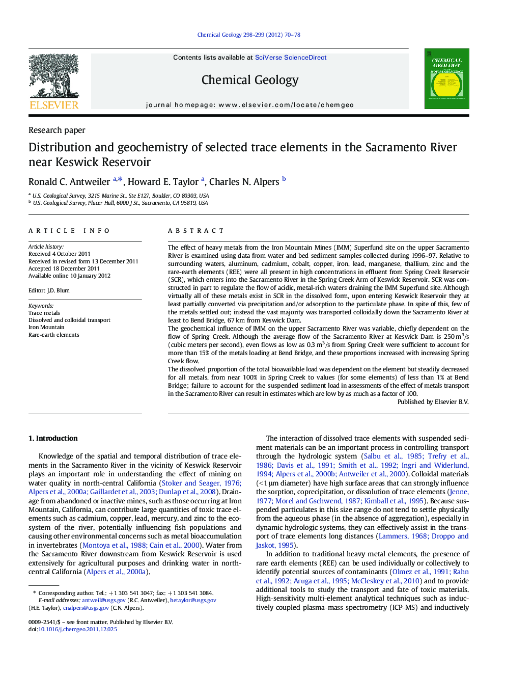 Distribution and geochemistry of selected trace elements in the Sacramento River near Keswick Reservoir