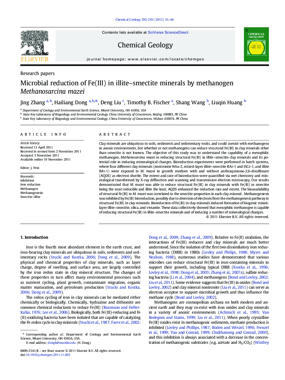 Microbial reduction of Fe(III) in illite–smectite minerals by methanogen Methanosarcina mazei