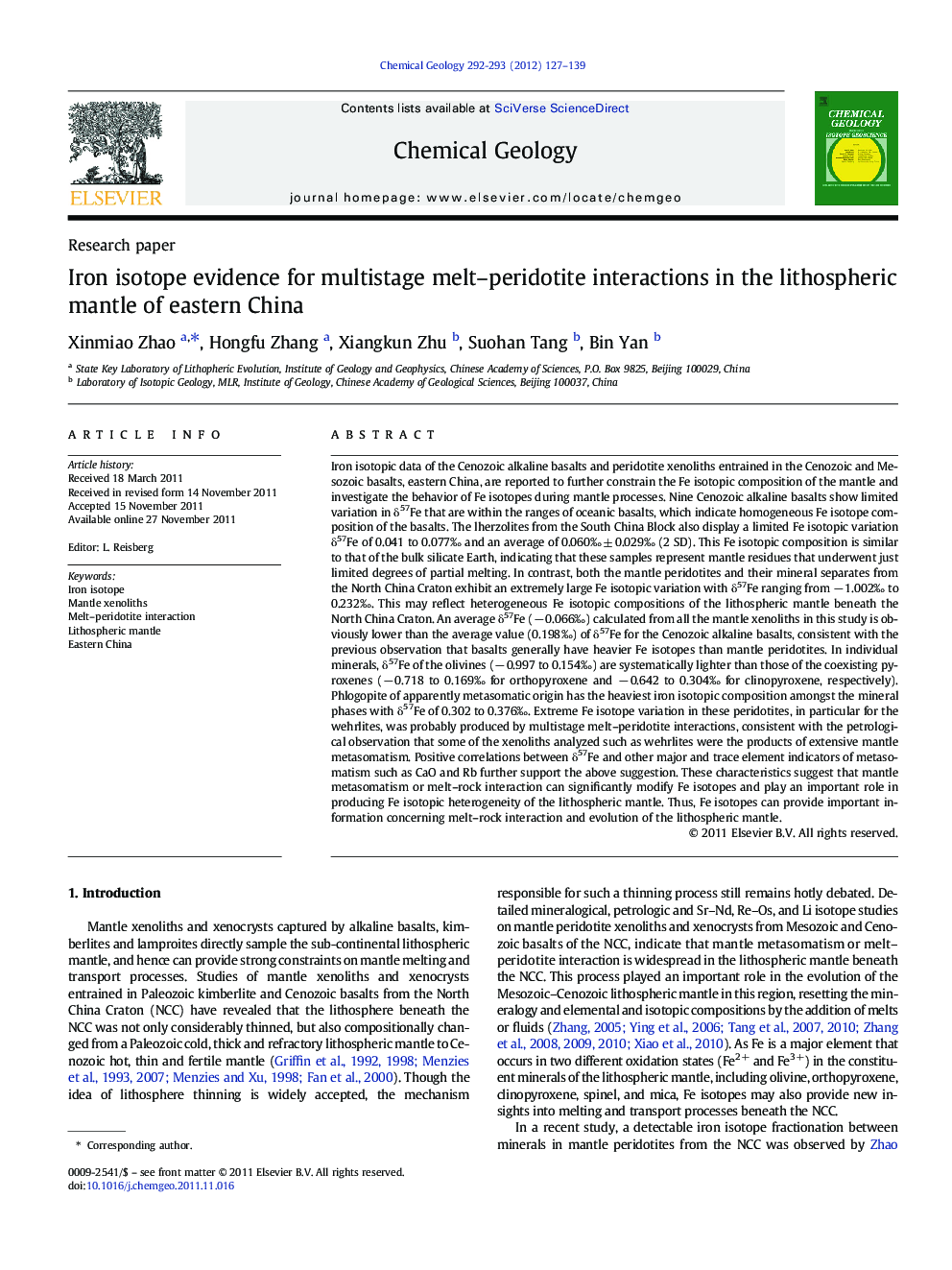 Iron isotope evidence for multistage melt–peridotite interactions in the lithospheric mantle of eastern China