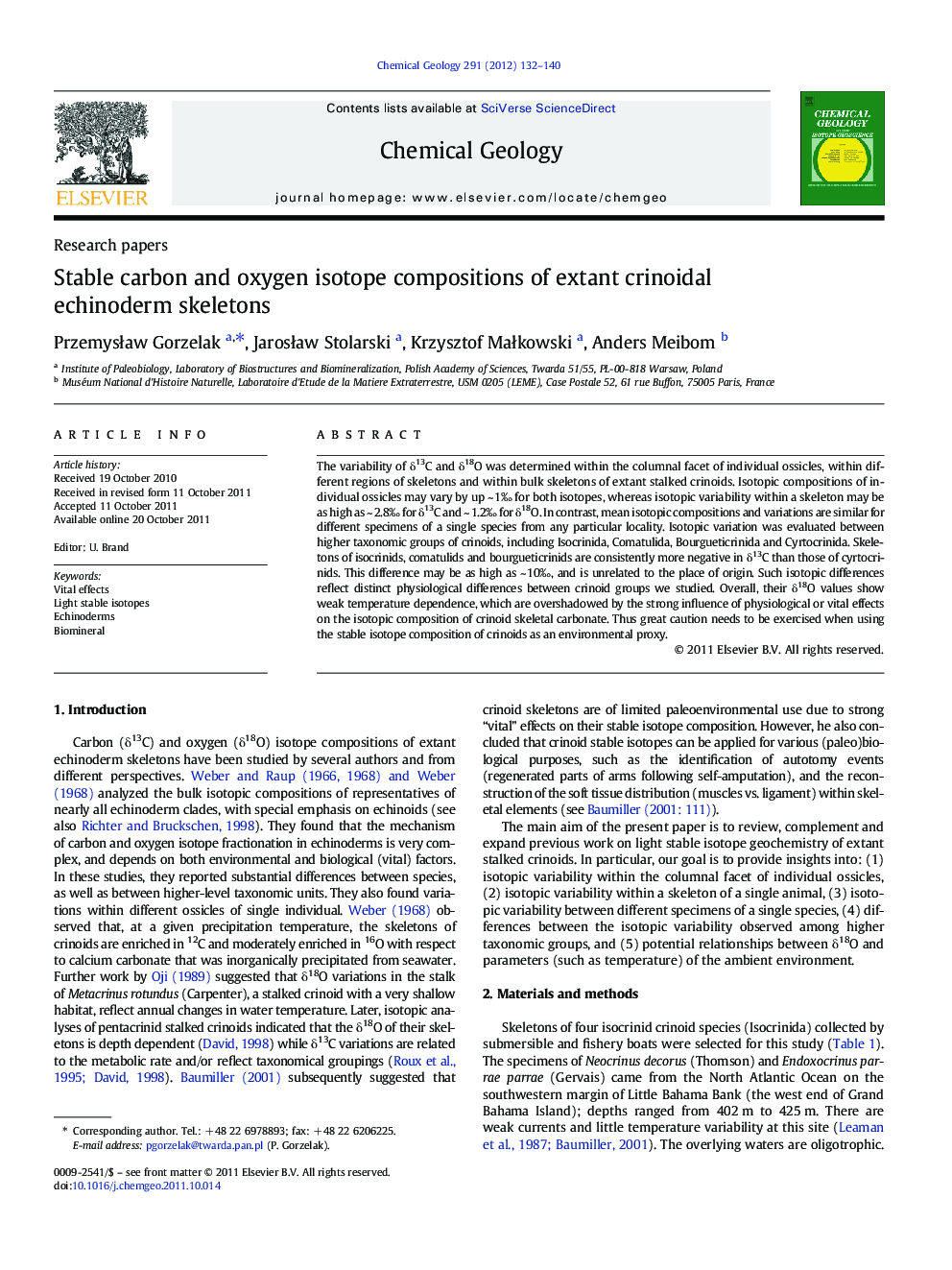 Stable carbon and oxygen isotope compositions of extant crinoidal echinoderm skeletons