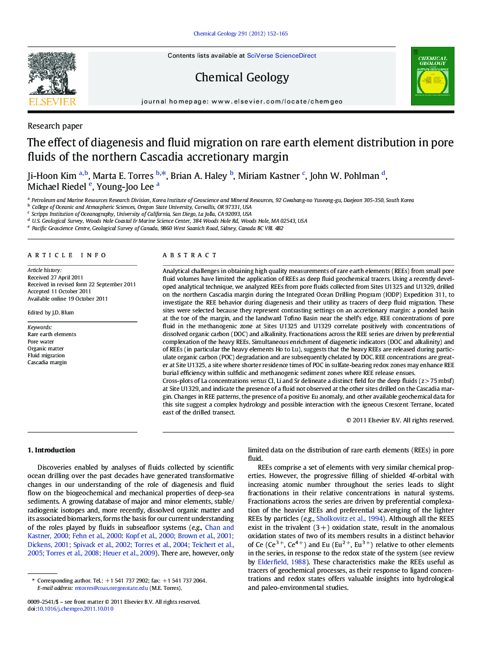 The effect of diagenesis and fluid migration on rare earth element distribution in pore fluids of the northern Cascadia accretionary margin