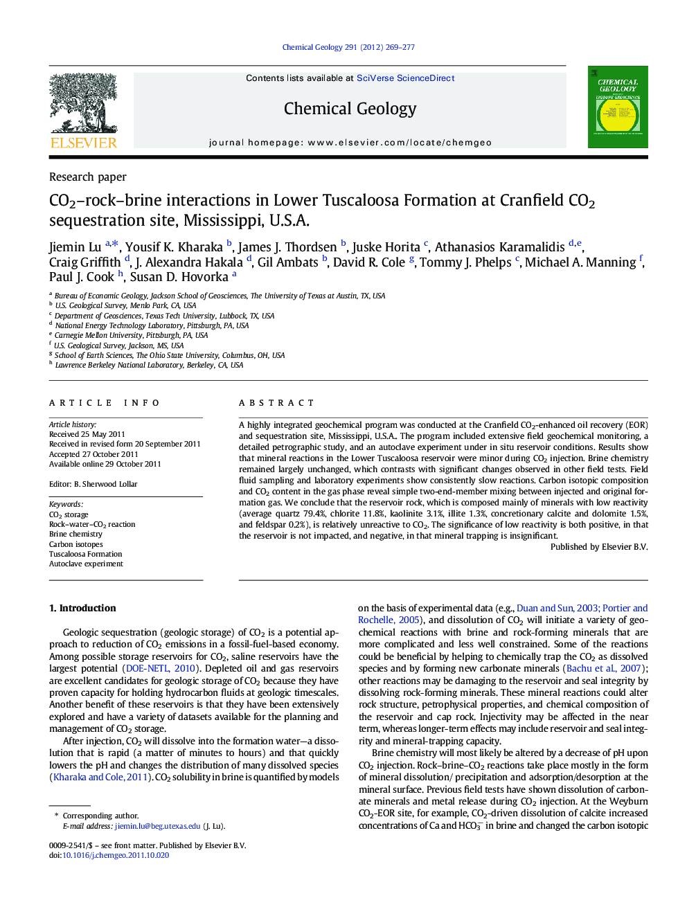CO2–rock–brine interactions in Lower Tuscaloosa Formation at Cranfield CO2 sequestration site, Mississippi, U.S.A.