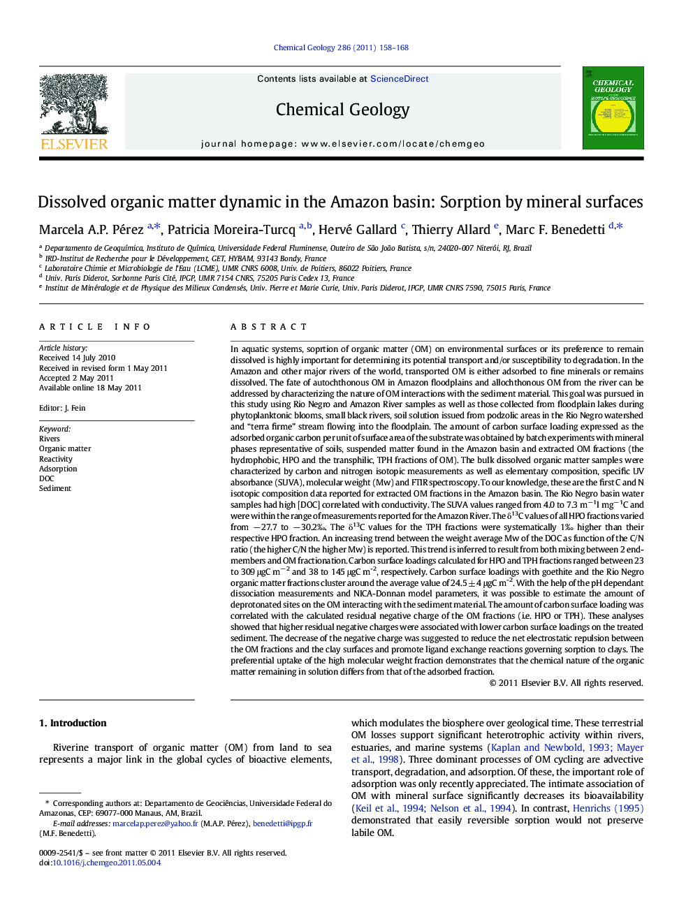 Dissolved organic matter dynamic in the Amazon basin: Sorption by mineral surfaces