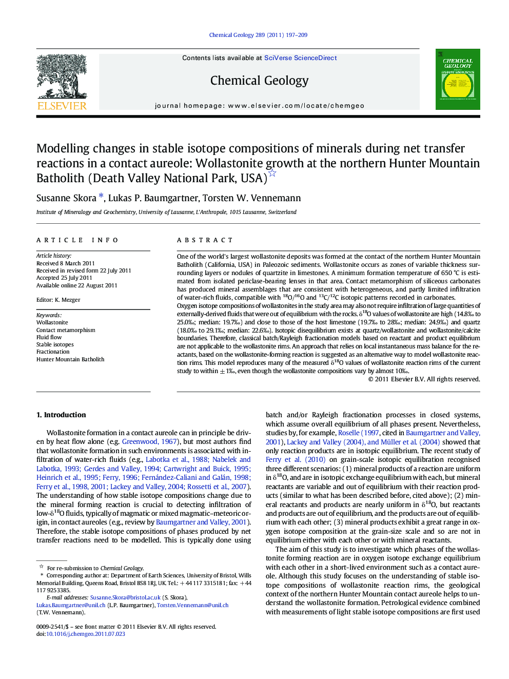 Modelling changes in stable isotope compositions of minerals during net transfer reactions in a contact aureole: Wollastonite growth at the northern Hunter Mountain Batholith (Death Valley National Park, USA)