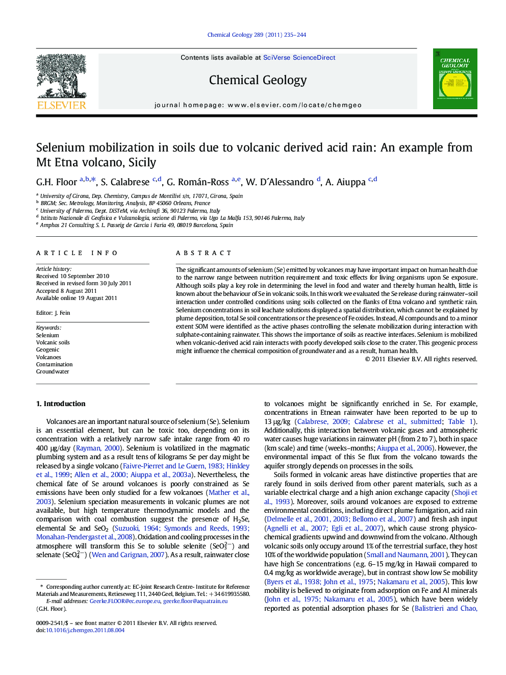 Selenium mobilization in soils due to volcanic derived acid rain: An example from Mt Etna volcano, Sicily