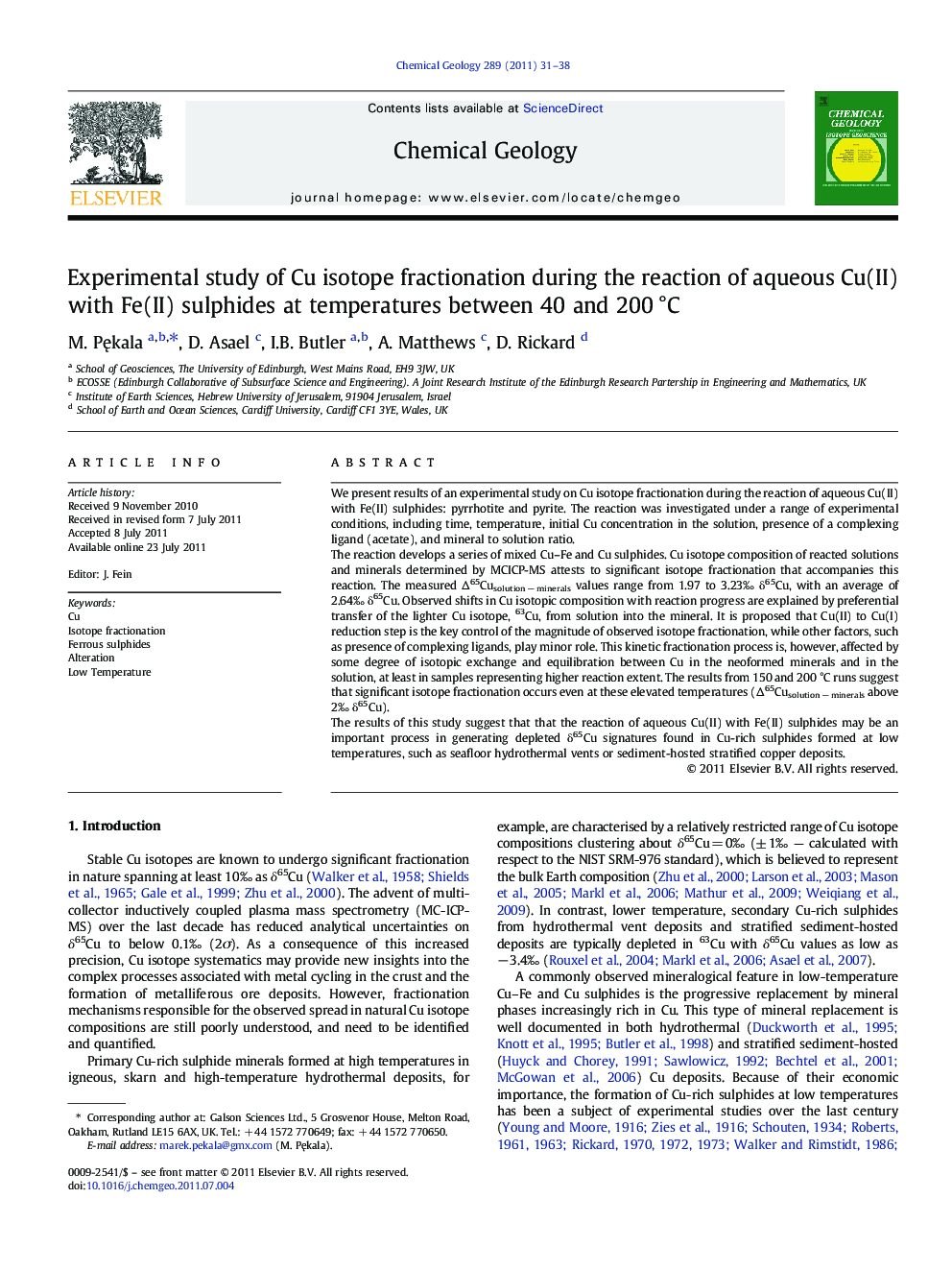 Experimental study of Cu isotope fractionation during the reaction of aqueous Cu(II) with Fe(II) sulphides at temperatures between 40 and 200 °C