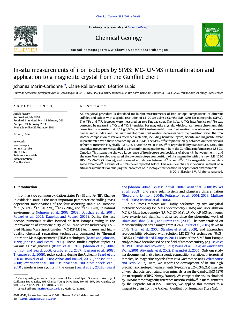 In-situ measurements of iron isotopes by SIMS: MC-ICP-MS intercalibration and application to a magnetite crystal from the Gunflint chert