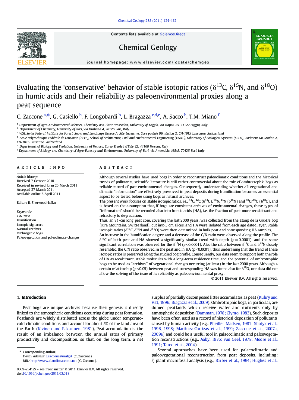 Evaluating the ‘conservative’ behavior of stable isotopic ratios (δ13C, δ15N, and δ18O) in humic acids and their reliability as paleoenvironmental proxies along a peat sequence