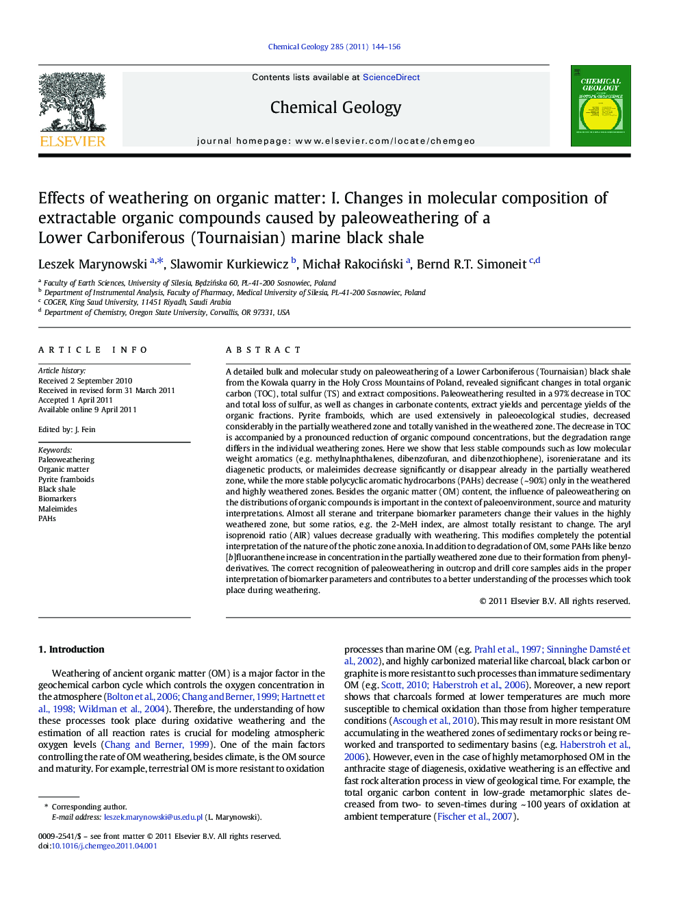 Effects of weathering on organic matter: I. Changes in molecular composition of extractable organic compounds caused by paleoweathering of a Lower Carboniferous (Tournaisian) marine black shale