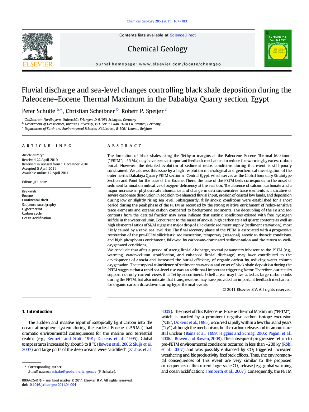 Fluvial discharge and sea-level changes controlling black shale deposition during the Paleocene–Eocene Thermal Maximum in the Dababiya Quarry section, Egypt