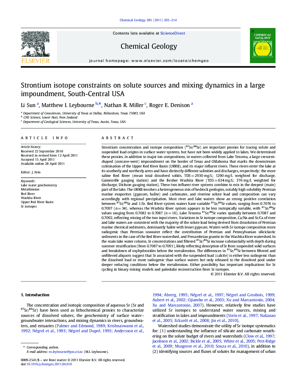 Strontium isotope constraints on solute sources and mixing dynamics in a large impoundment, South-Central USA