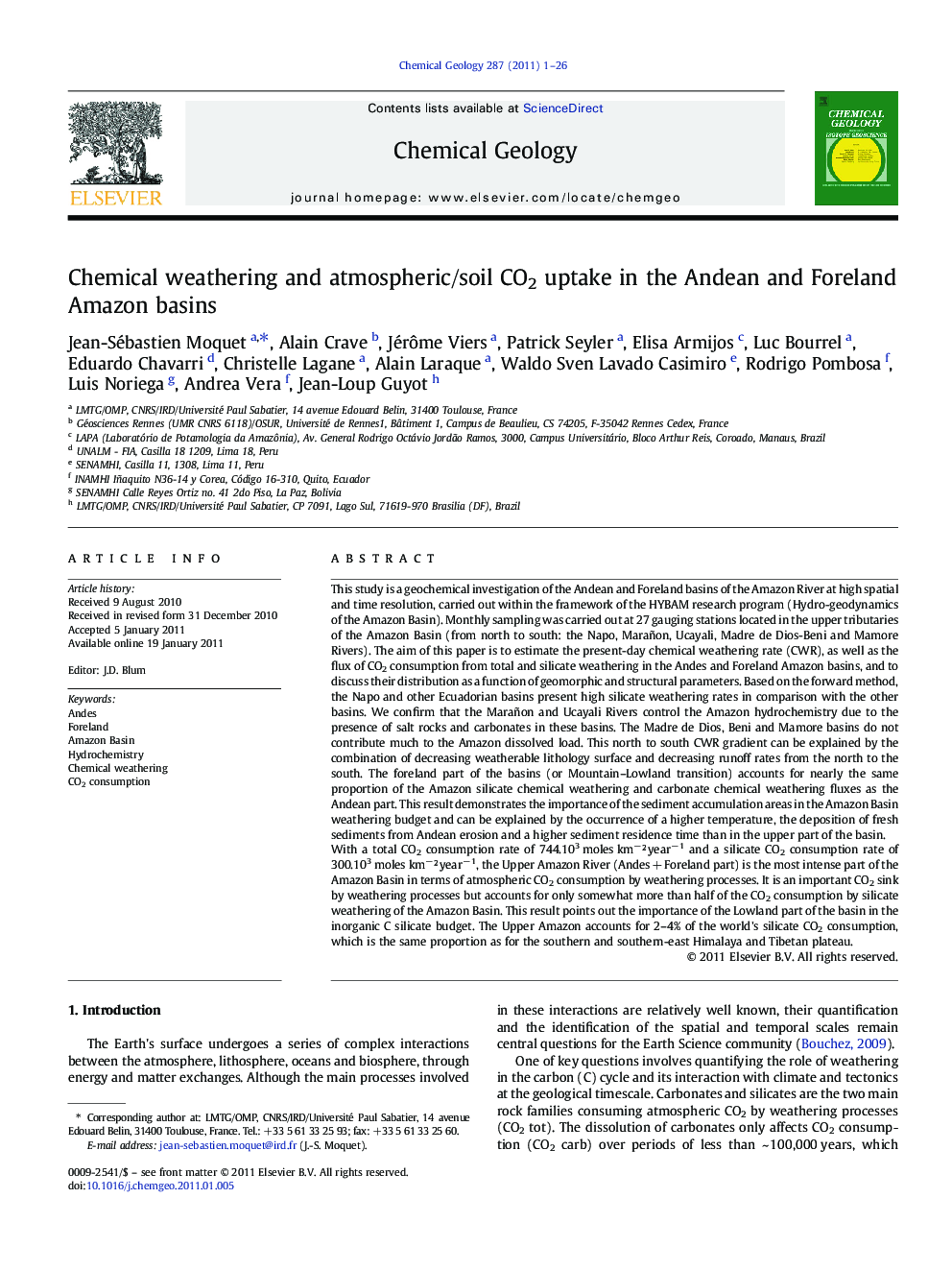 Chemical weathering and atmospheric/soil CO2 uptake in the Andean and Foreland Amazon basins