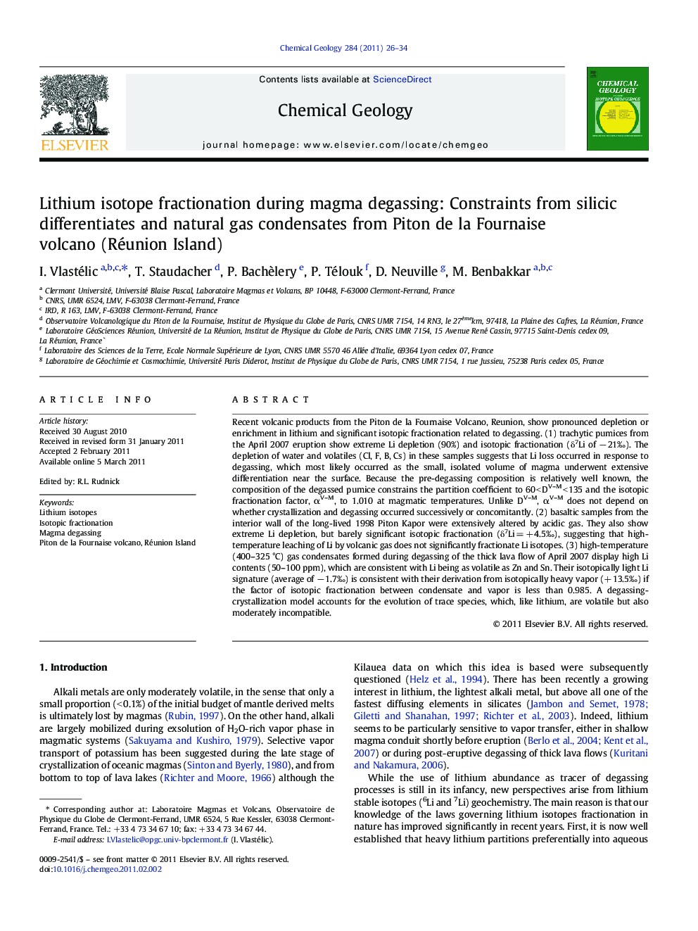 Lithium isotope fractionation during magma degassing: Constraints from silicic differentiates and natural gas condensates from Piton de la Fournaise volcano (Réunion Island)