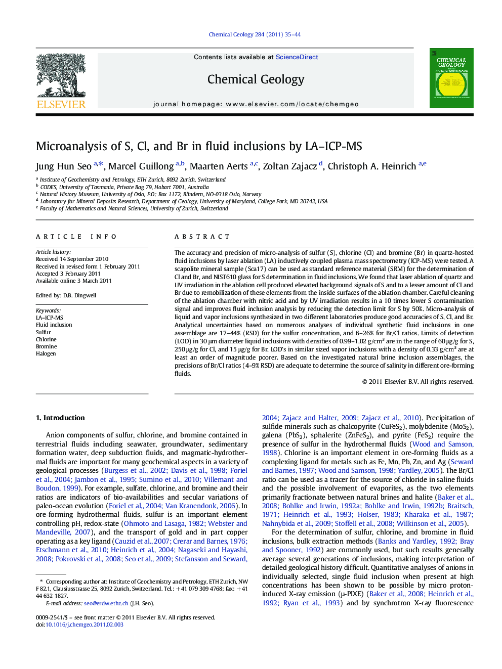 Microanalysis of S, Cl, and Br in fluid inclusions by LA–ICP-MS