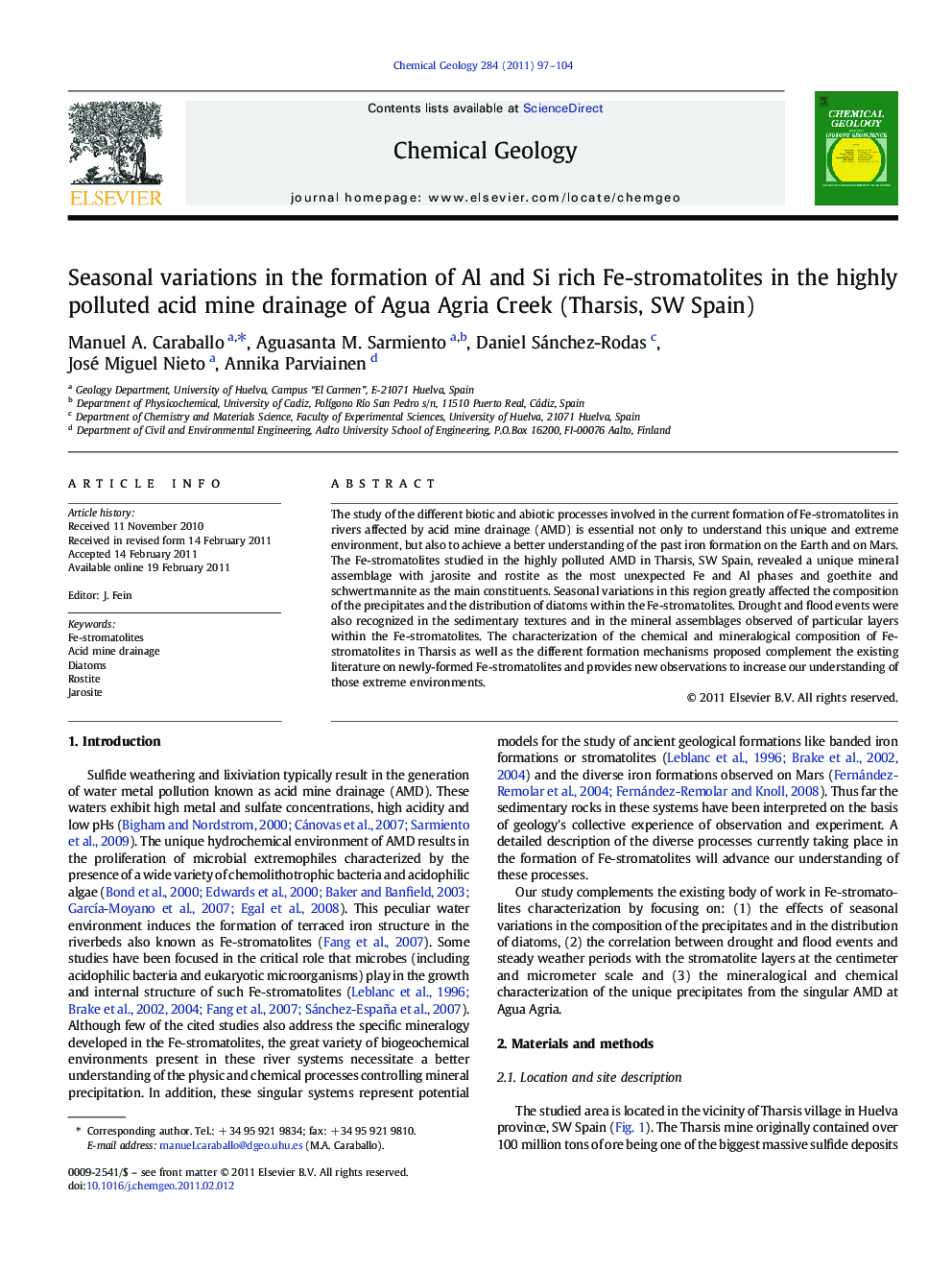 Seasonal variations in the formation of Al and Si rich Fe-stromatolites in the highly polluted acid mine drainage of Agua Agria Creek (Tharsis, SW Spain)