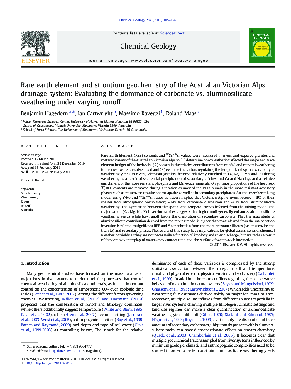Rare earth element and strontium geochemistry of the Australian Victorian Alps drainage system: Evaluating the dominance of carbonate vs. aluminosilicate weathering under varying runoff