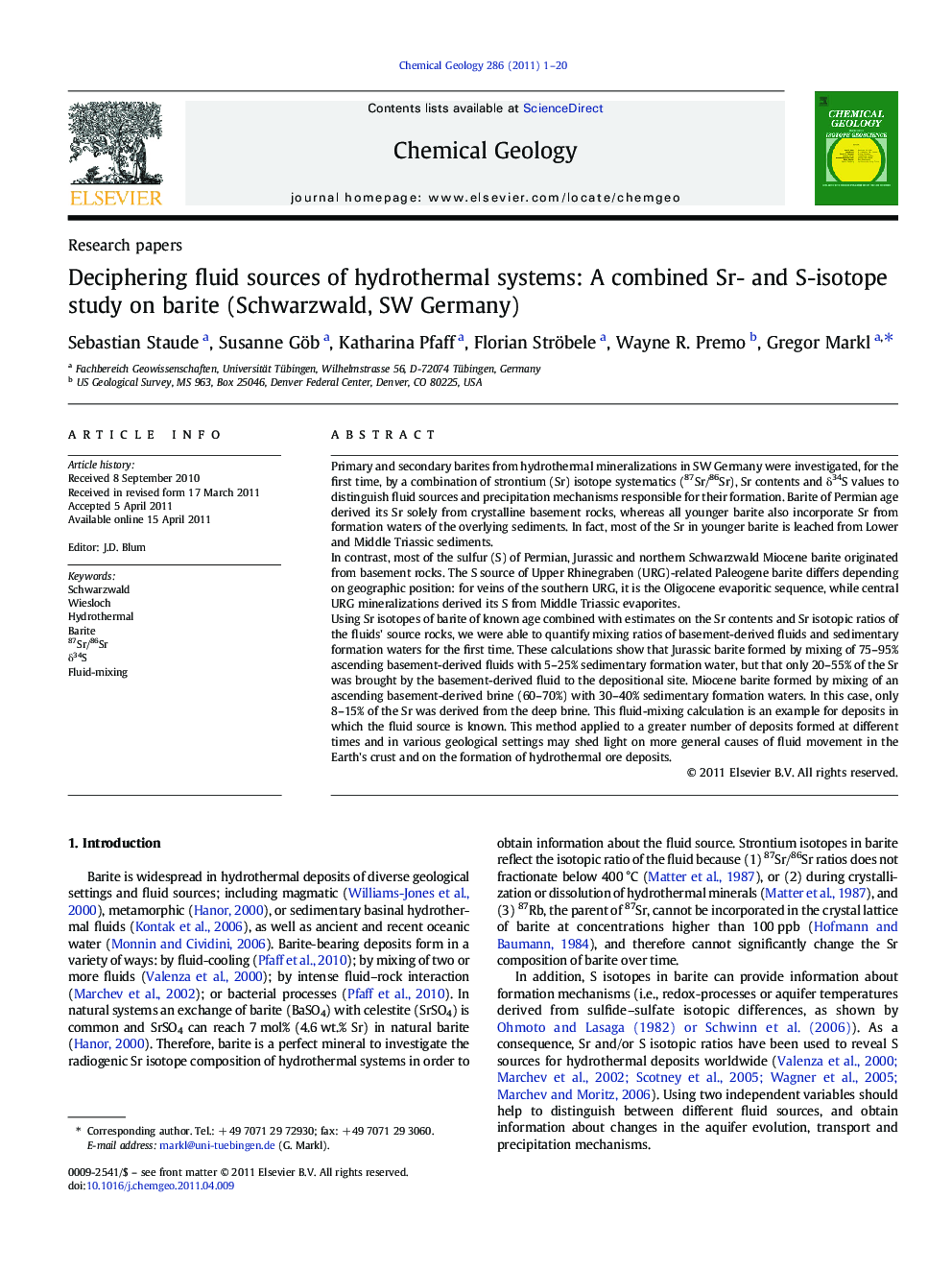 Deciphering fluid sources of hydrothermal systems: A combined Sr- and S-isotope study on barite (Schwarzwald, SW Germany)