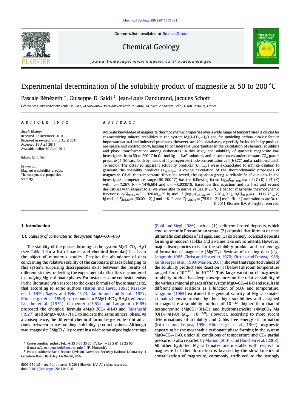 Experimental determination of the solubility product of magnesite at 50 to 200 °C