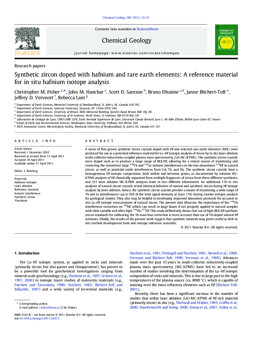 Synthetic zircon doped with hafnium and rare earth elements: A reference material for in situ hafnium isotope analysis