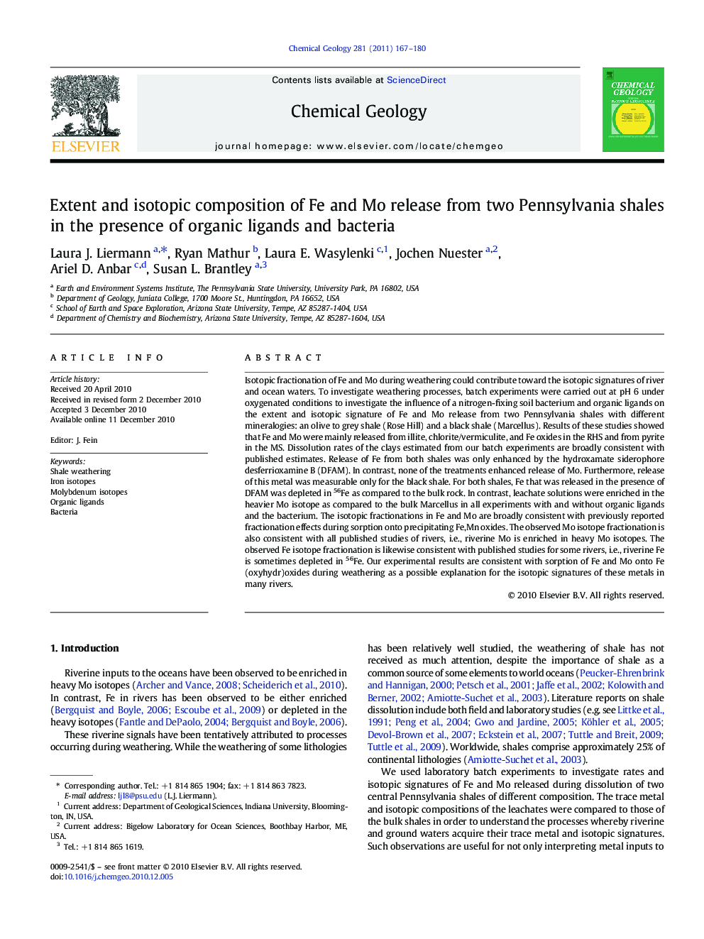 Extent and isotopic composition of Fe and Mo release from two Pennsylvania shales in the presence of organic ligands and bacteria