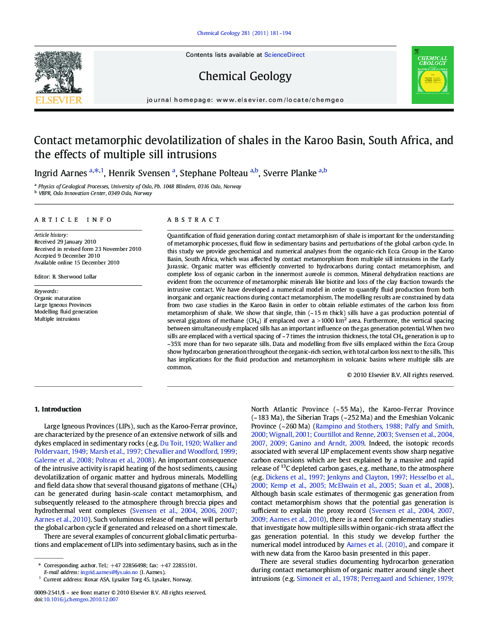 Contact metamorphic devolatilization of shales in the Karoo Basin, South Africa, and the effects of multiple sill intrusions