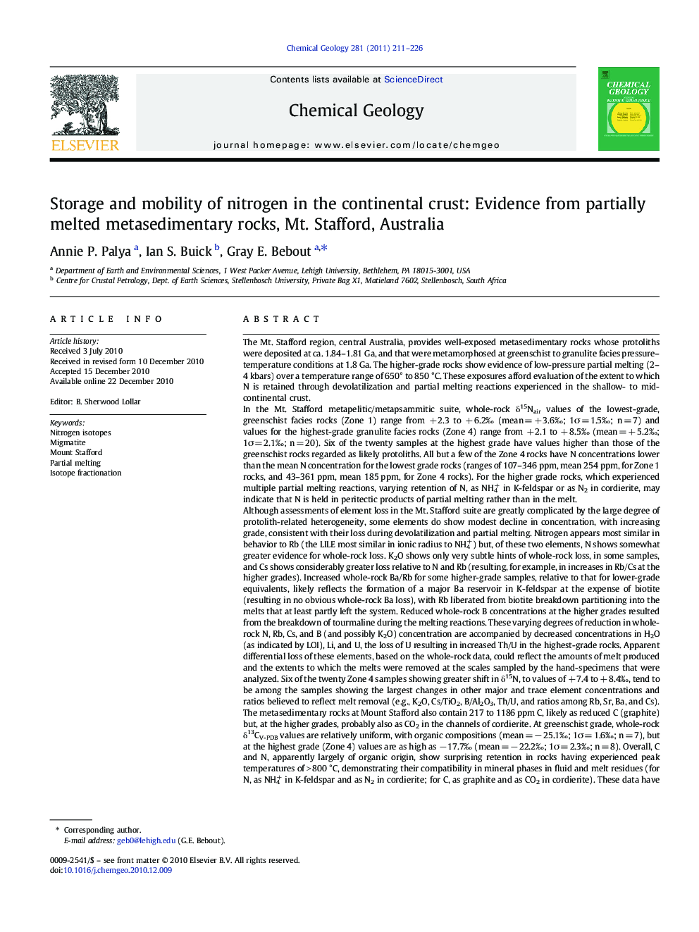 Storage and mobility of nitrogen in the continental crust: Evidence from partially melted metasedimentary rocks, Mt. Stafford, Australia