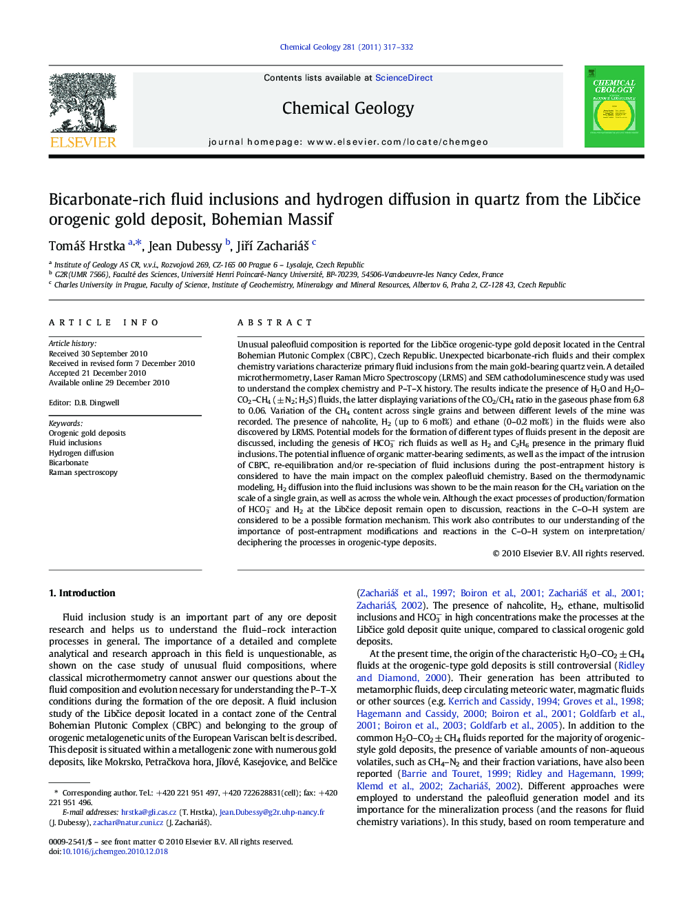 Bicarbonate-rich fluid inclusions and hydrogen diffusion in quartz from the Libčice orogenic gold deposit, Bohemian Massif