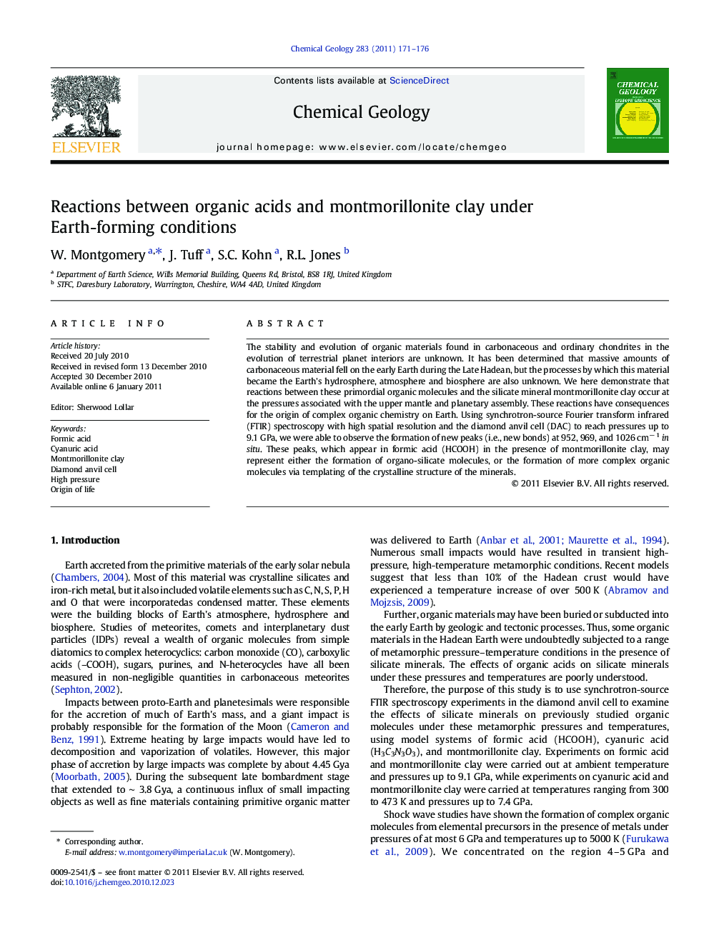 Reactions between organic acids and montmorillonite clay under Earth-forming conditions