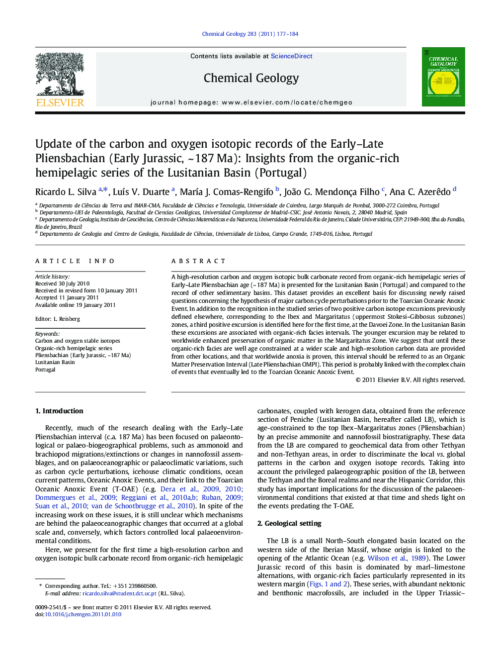 Update of the carbon and oxygen isotopic records of the Early–Late Pliensbachian (Early Jurassic, ~ 187 Ma): Insights from the organic-rich hemipelagic series of the Lusitanian Basin (Portugal)