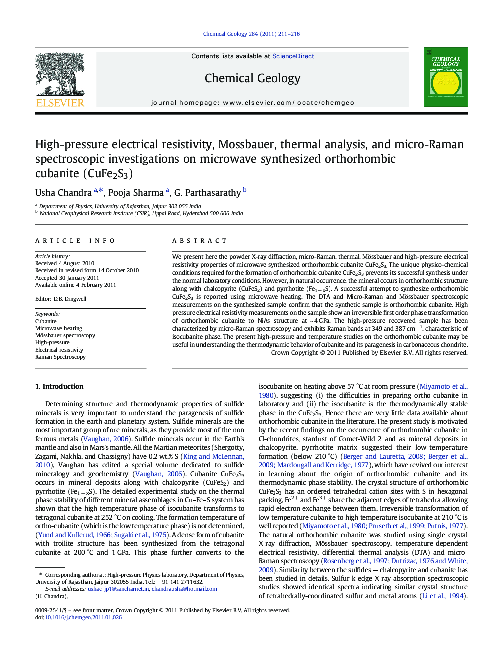 High-pressure electrical resistivity, Mossbauer, thermal analysis, and micro-Raman spectroscopic investigations on microwave synthesized orthorhombic cubanite (CuFe2S3)