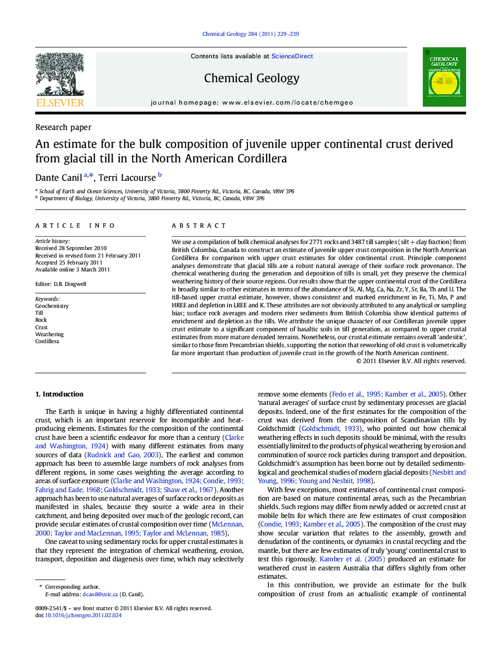 An estimate for the bulk composition of juvenile upper continental crust derived from glacial till in the North American Cordillera