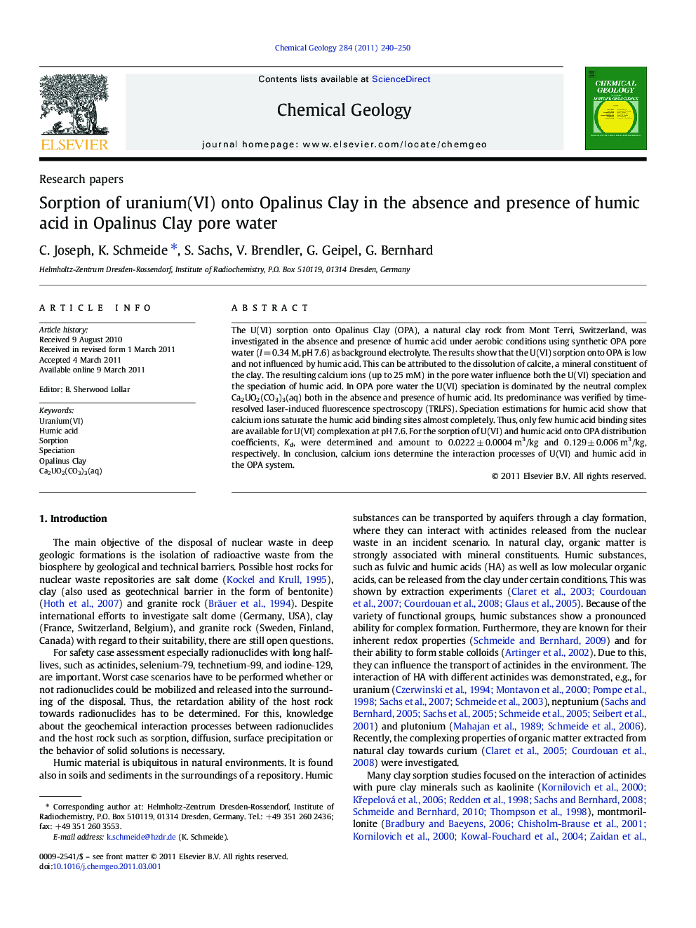 Sorption of uranium(VI) onto Opalinus Clay in the absence and presence of humic acid in Opalinus Clay pore water