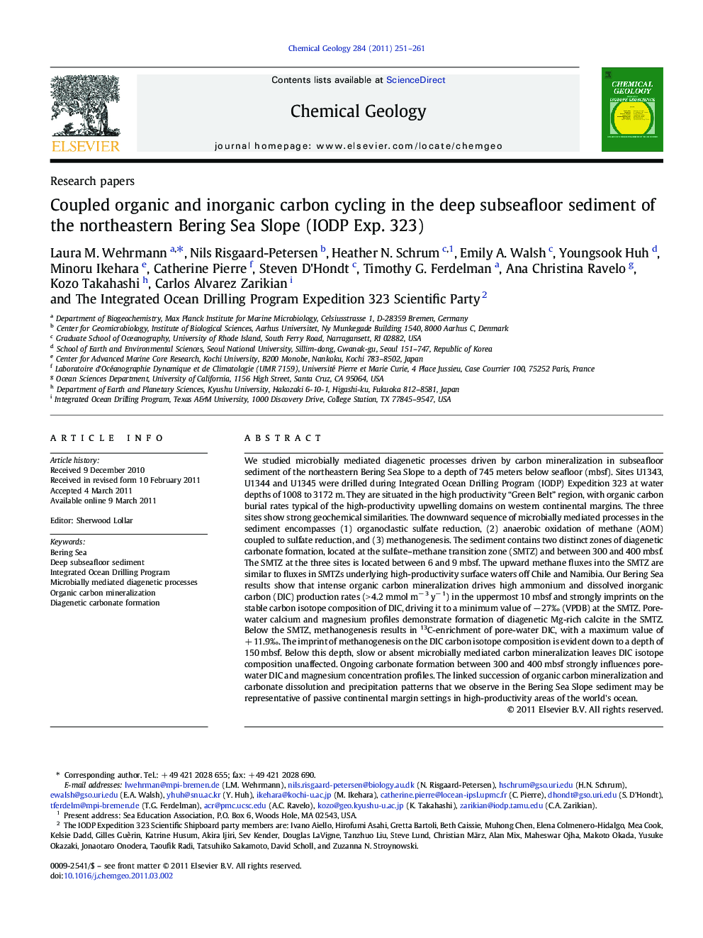 Coupled organic and inorganic carbon cycling in the deep subseafloor sediment of the northeastern Bering Sea Slope (IODP Exp. 323)