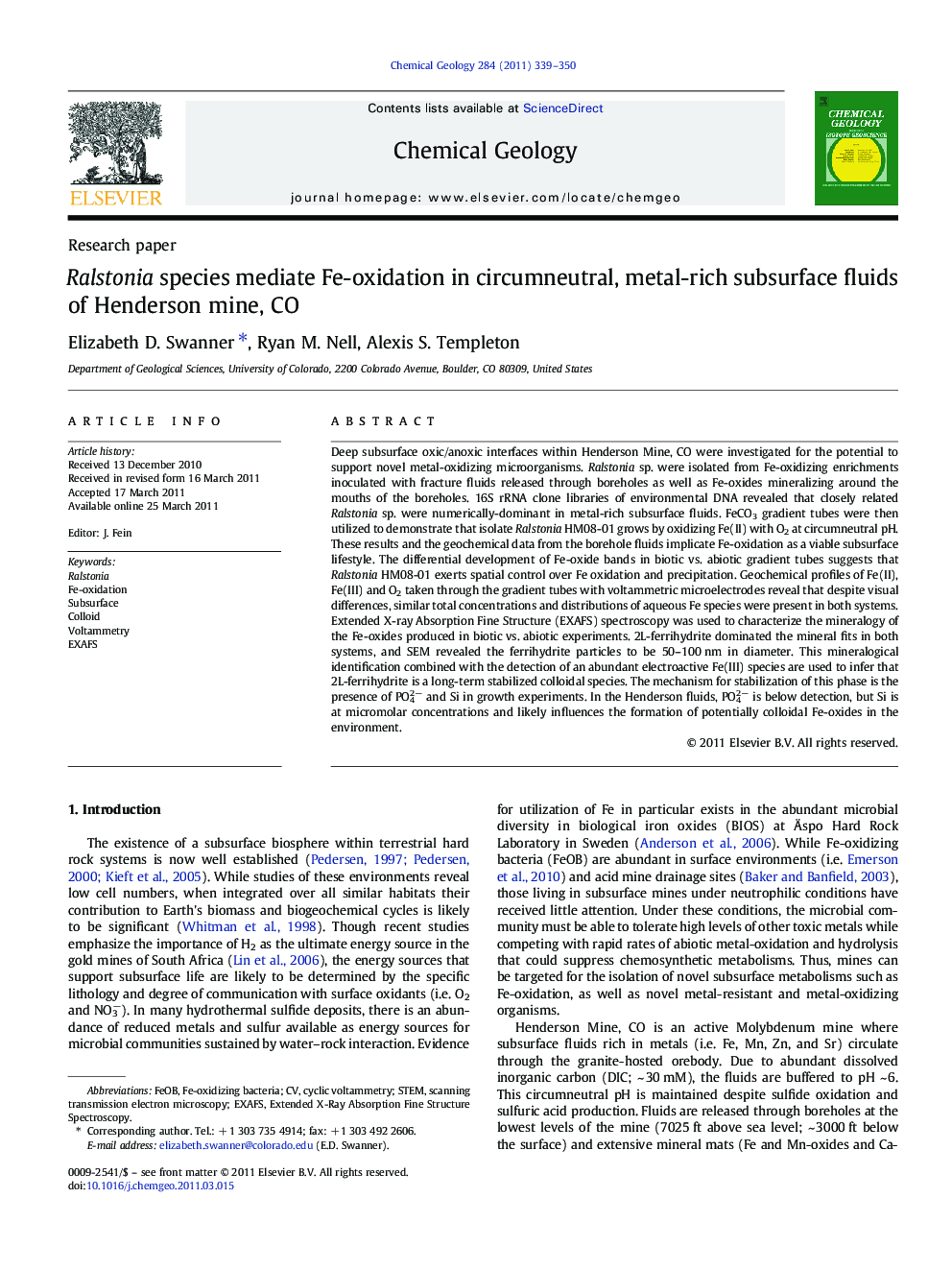 Ralstonia species mediate Fe-oxidation in circumneutral, metal-rich subsurface fluids of Henderson mine, CO