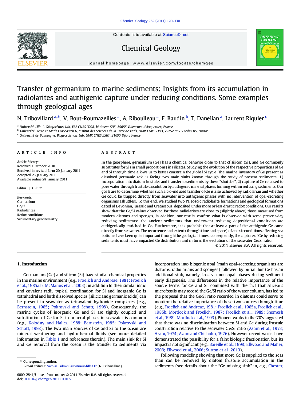 Transfer of germanium to marine sediments: Insights from its accumulation in radiolarites and authigenic capture under reducing conditions. Some examples through geological ages