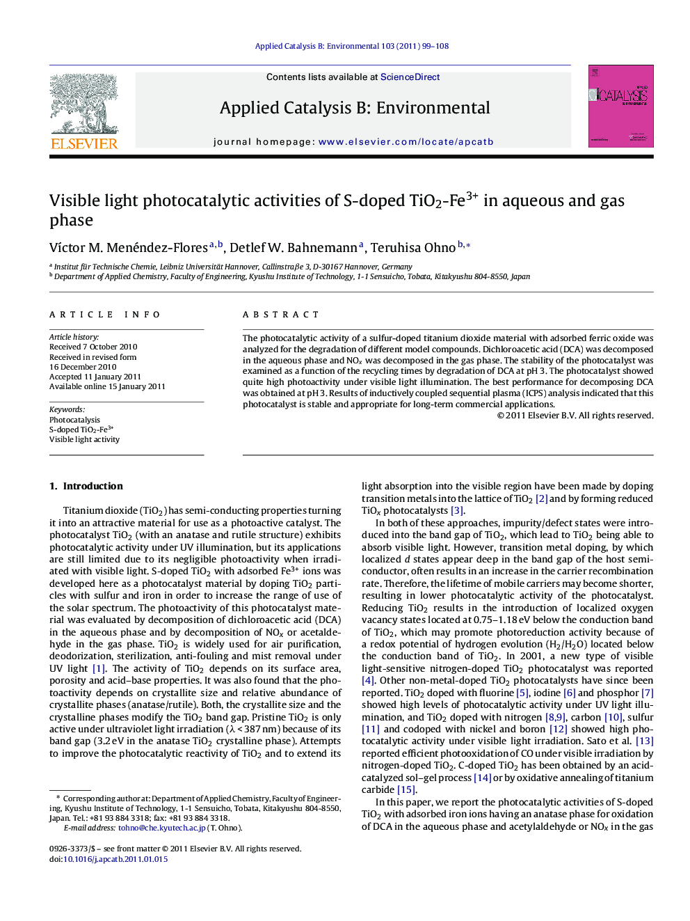 Visible light photocatalytic activities of S-doped TiO2-Fe3+ in aqueous and gas phase