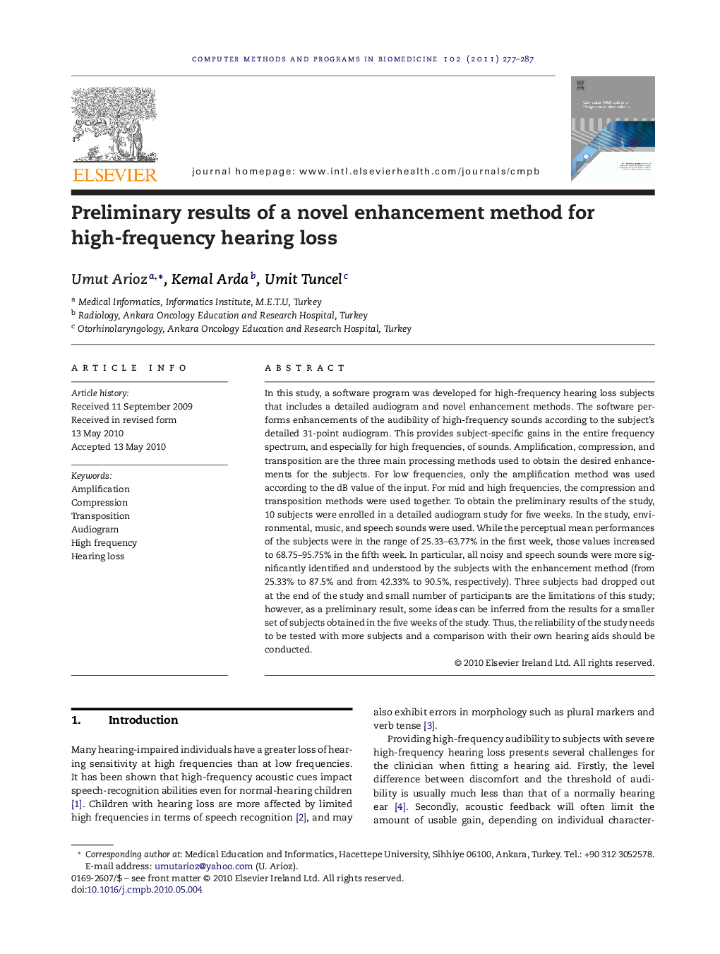 Preliminary results of a novel enhancement method for high-frequency hearing loss