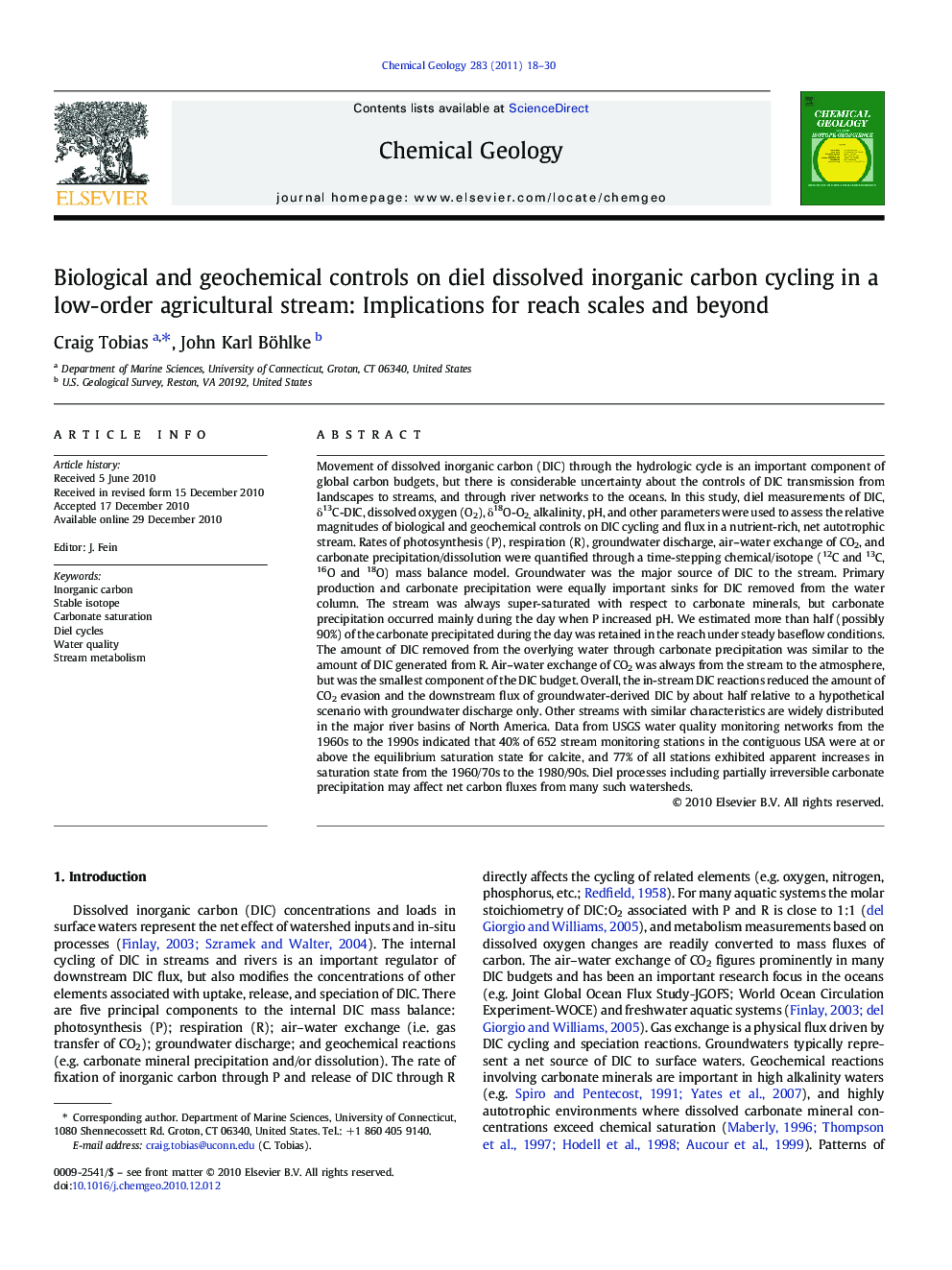 Biological and geochemical controls on diel dissolved inorganic carbon cycling in a low-order agricultural stream: Implications for reach scales and beyond