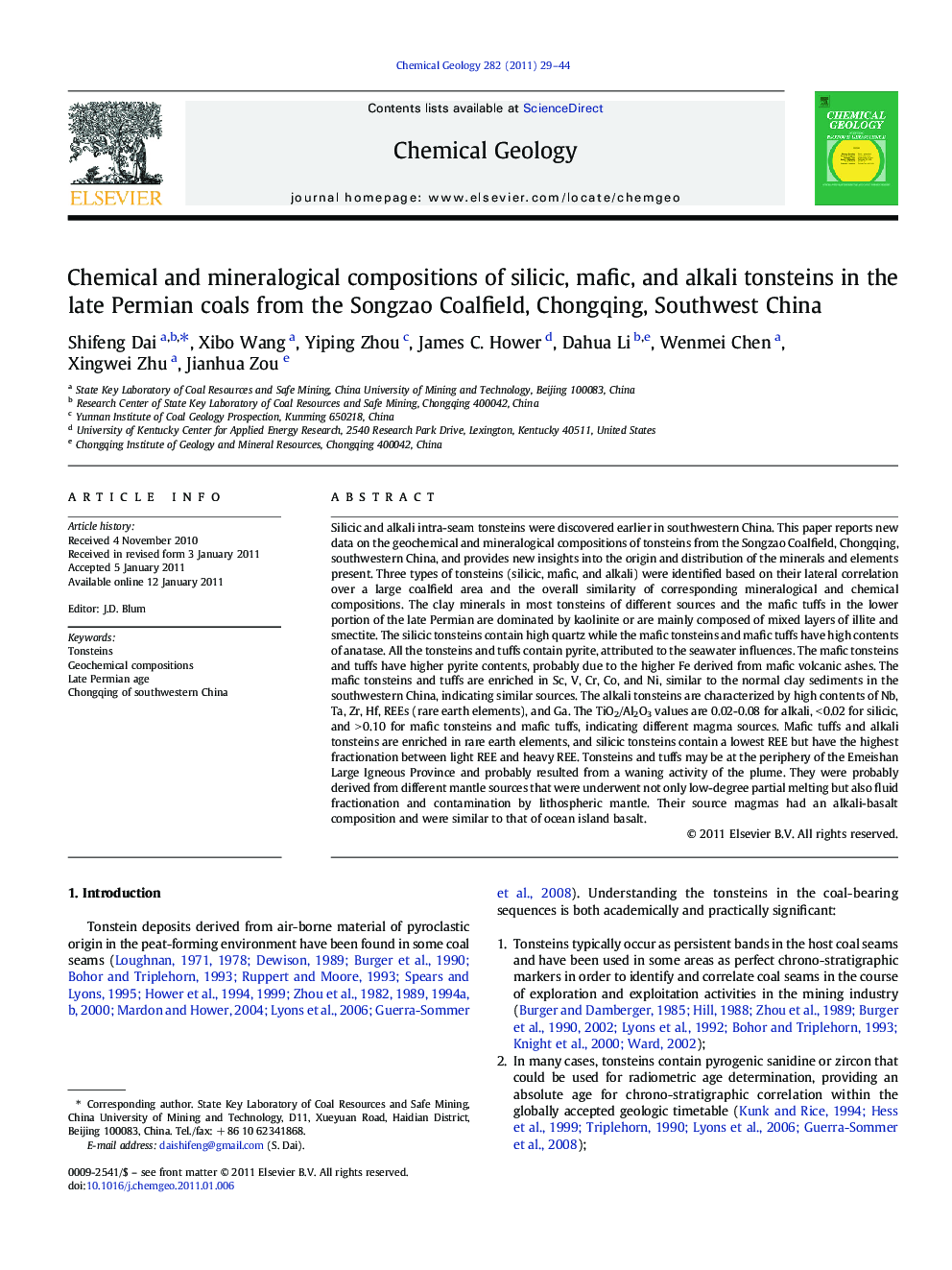 Chemical and mineralogical compositions of silicic, mafic, and alkali tonsteins in the late Permian coals from the Songzao Coalfield, Chongqing, Southwest China