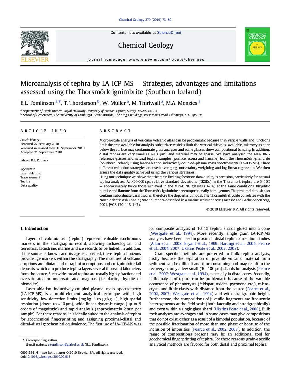 Microanalysis of tephra by LA-ICP-MS — Strategies, advantages and limitations assessed using the Thorsmörk ignimbrite (Southern Iceland)