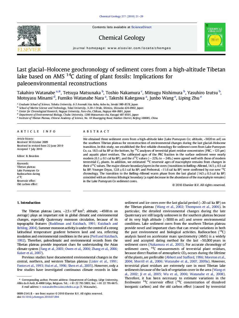 Last glacial–Holocene geochronology of sediment cores from a high-altitude Tibetan lake based on AMS 14C dating of plant fossils: Implications for paleoenvironmental reconstructions