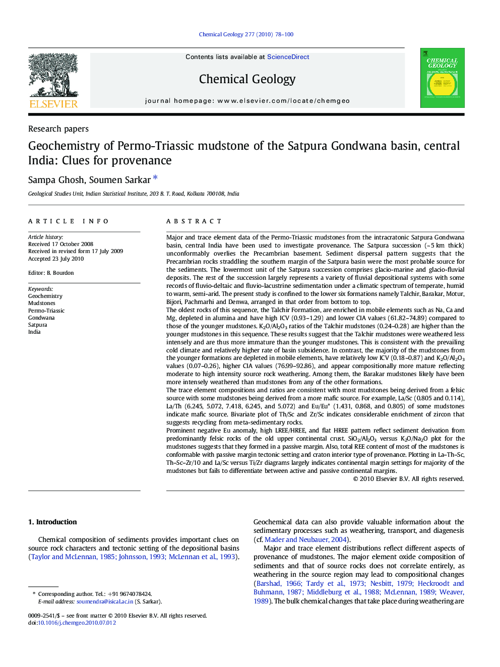 Geochemistry of Permo-Triassic mudstone of the Satpura Gondwana basin, central India: Clues for provenance