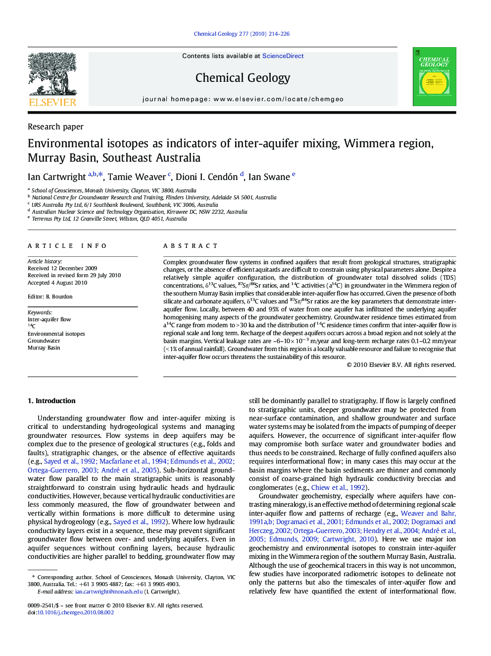 Environmental isotopes as indicators of inter-aquifer mixing, Wimmera region, Murray Basin, Southeast Australia