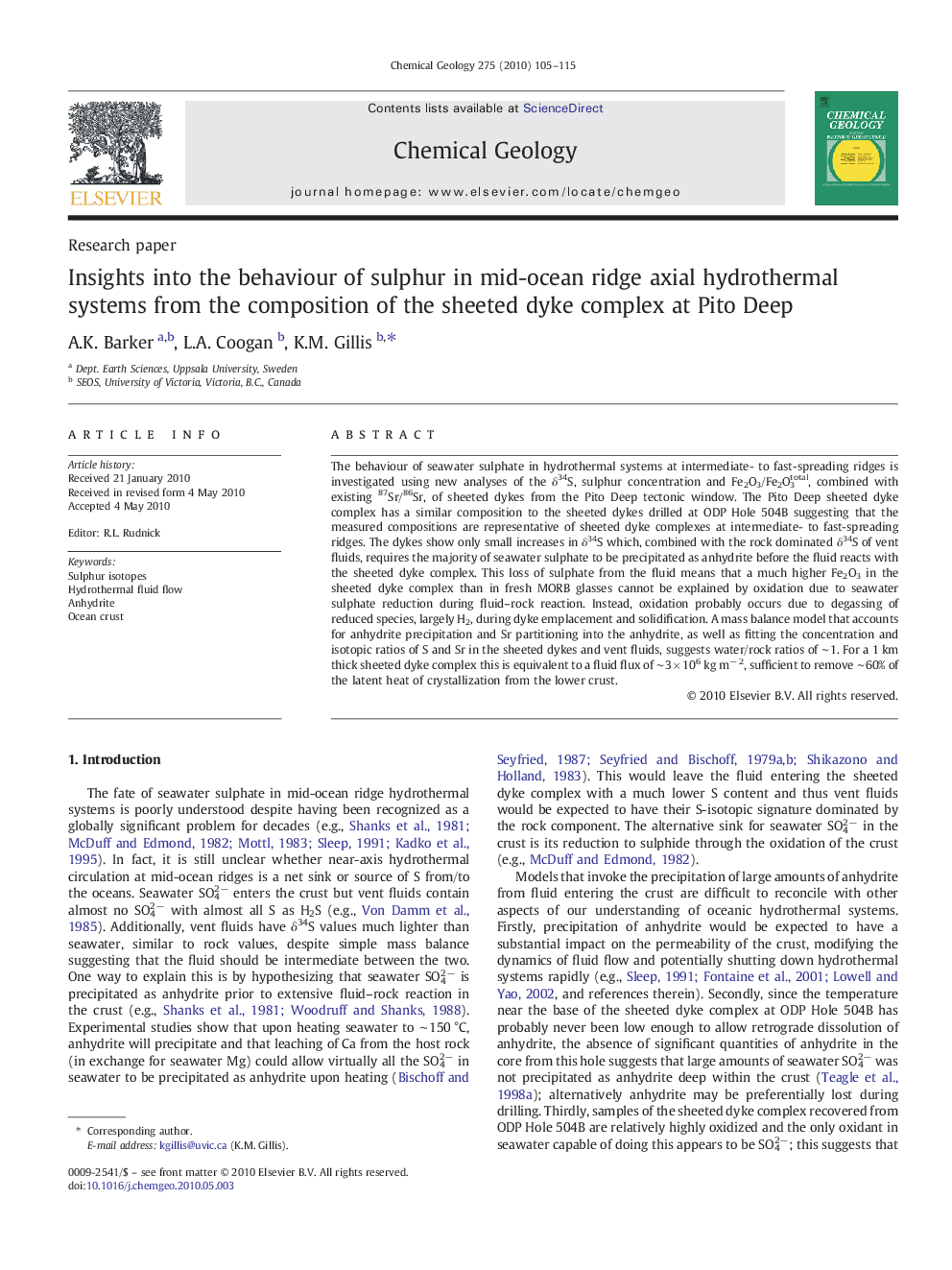 Insights into the behaviour of sulphur in mid-ocean ridge axial hydrothermal systems from the composition of the sheeted dyke complex at Pito Deep