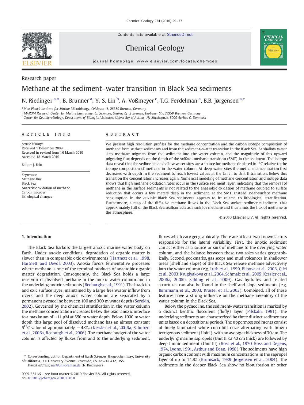 Methane at the sediment–water transition in Black Sea sediments