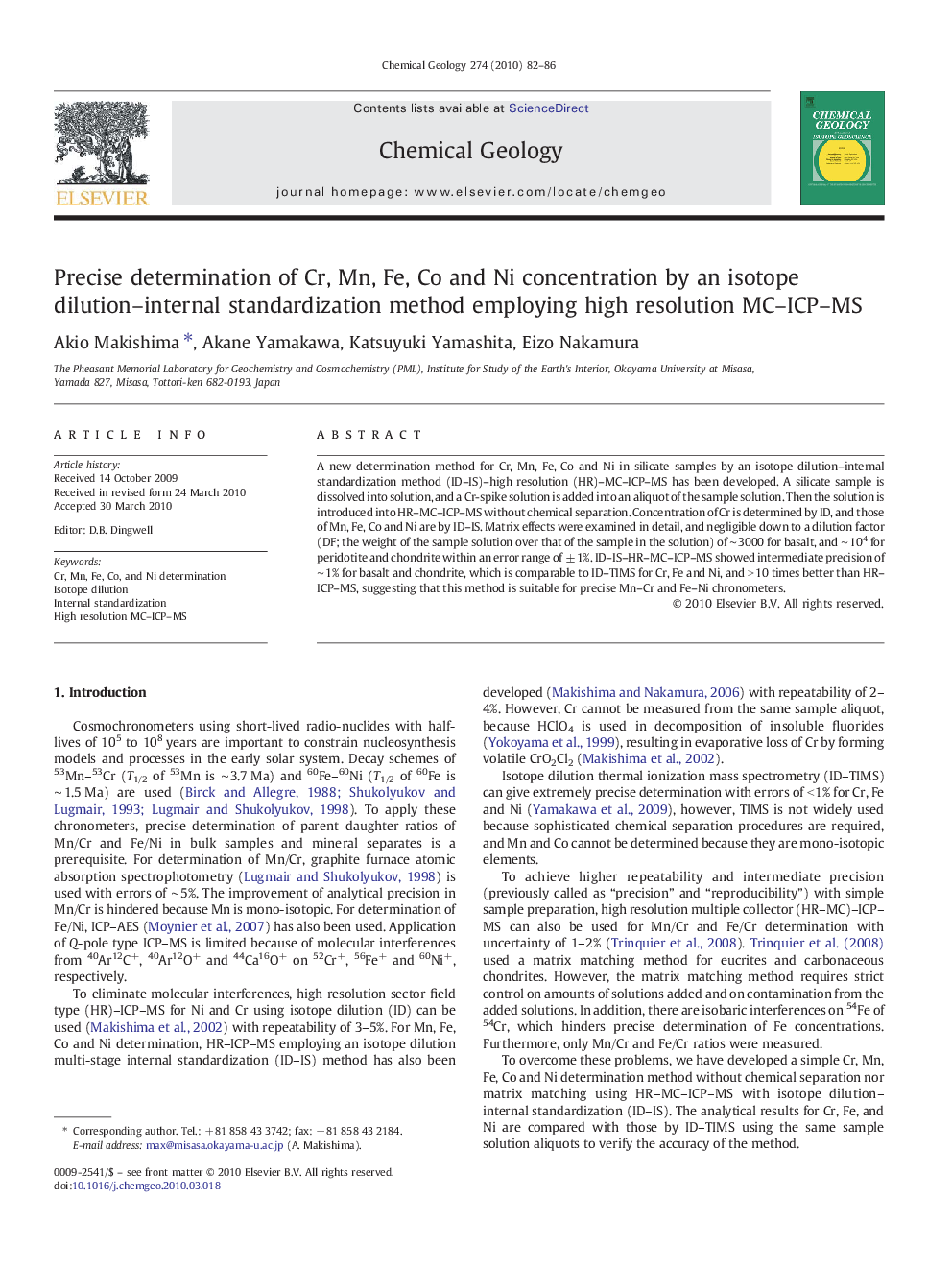 Precise determination of Cr, Mn, Fe, Co and Ni concentration by an isotope dilution–internal standardization method employing high resolution MC–ICP–MS